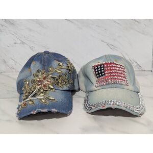 Unbranded Women's Multi-Color Vintage Distressed Bedazzled Denim Ball Caps Adjus